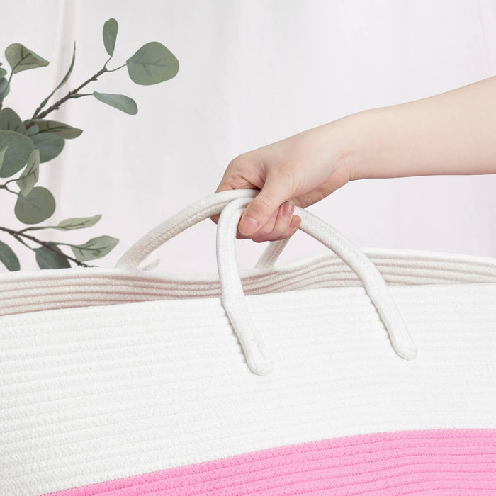 Xxxlarge Pink Woven Rope Basket | Wide 21" X 14" Blanket Storage Basket with Long Handles Decorative Clothes Hamper Basket | Extra Large Baskets for Blankets Stuffed Animal Storage Basket