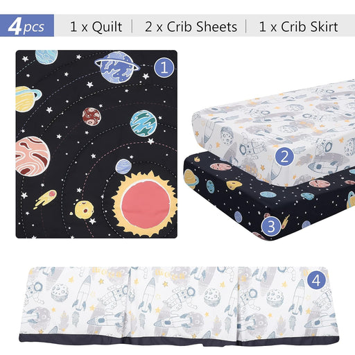 4-Piece Space Theme Crib Bedding Set for Boys, Luxury Nursery Bedding Essential Including 1 Padded Comforter, 1 Crib Skirt and 2 Silky Soft Microfiber Crib Sheets, Standard Size, Black