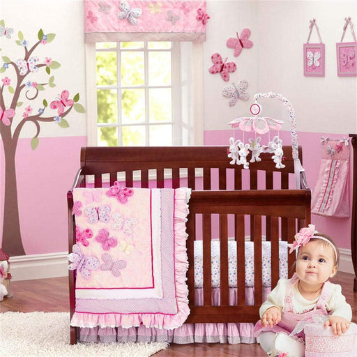 Pink Butterfly Floral Crib Bedding Sets for Girls | 4 Piece Nursery Set | Comforter, Fitted Crib Sheet, Crib Skirt, Diaper Stacker Included