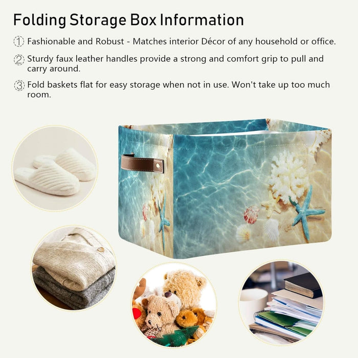Storage Basket Tropical Sea Beach Starfish Seashell Storage Cube Box Durable Canvas Collapsible Toy Basket Organizer Bin with Handles for Shelf Closet Bedroom Home Office