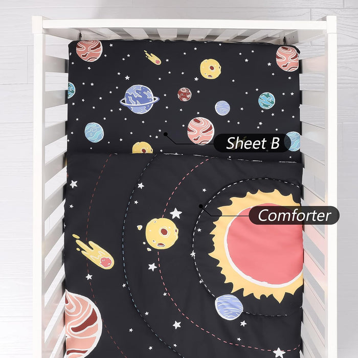 4-Piece Space Theme Crib Bedding Set for Boys, Luxury Nursery Bedding Essential Including 1 Padded Comforter, 1 Crib Skirt and 2 Silky Soft Microfiber Crib Sheets, Standard Size, Black