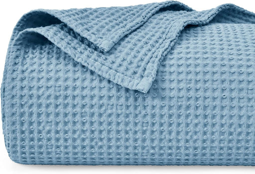 Pre-Washed Cotton Waffle Weave Blanket Throw Size for Couch Bed,Snag Proof for Spring Summer Lightweight Breathable,Oeko-Tex Certified,Machine Washable, Home Decor Gift，Dusty Blue