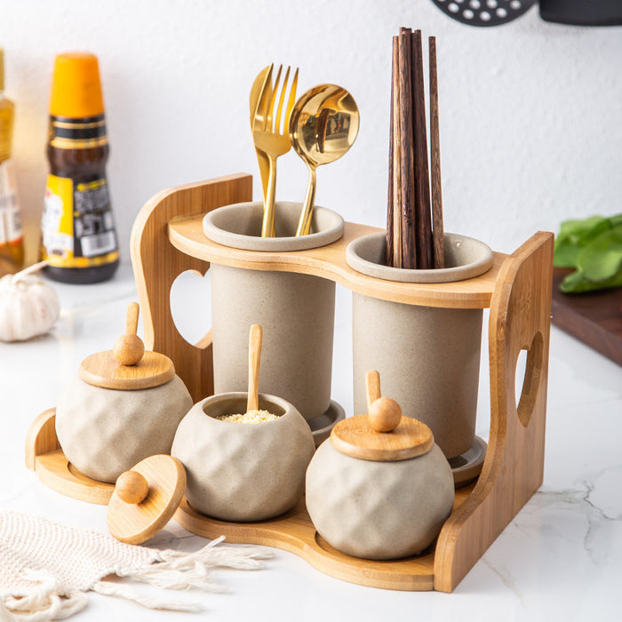 Ceramic Double-Layer Seasoning Jar Set with Bamboo Rack