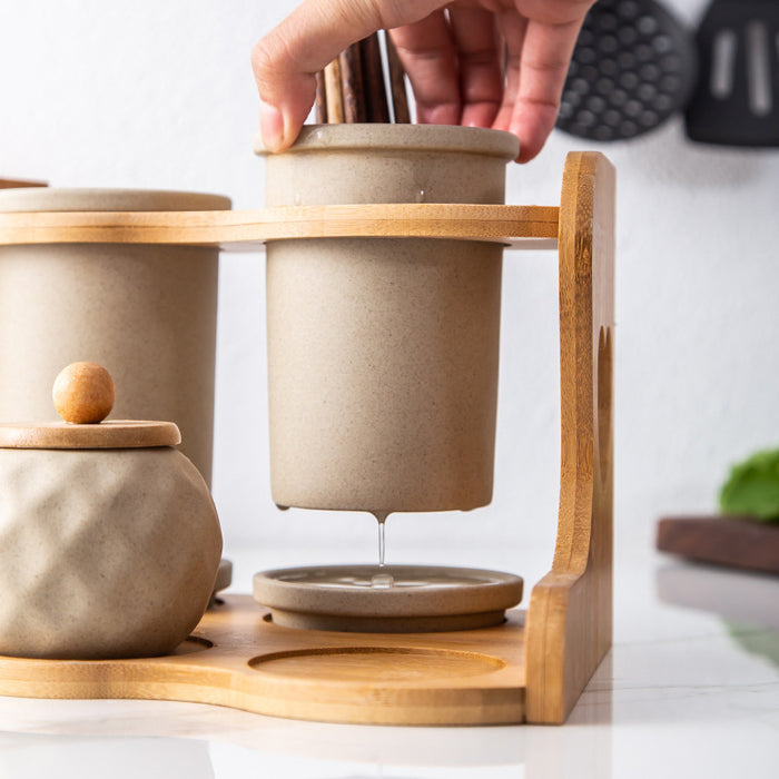 Ceramic Double-Layer Seasoning Jar Set with Bamboo Rack