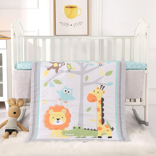 Grey Giraffe Crib Bedding Set for Boys Girls 3 Piece Lion Bird Monkey Animals Infant Nursery Baby Crib Comforter Set with Crib Bed Quilt Fitted Sheet Skirt Set for Standard Size Crib