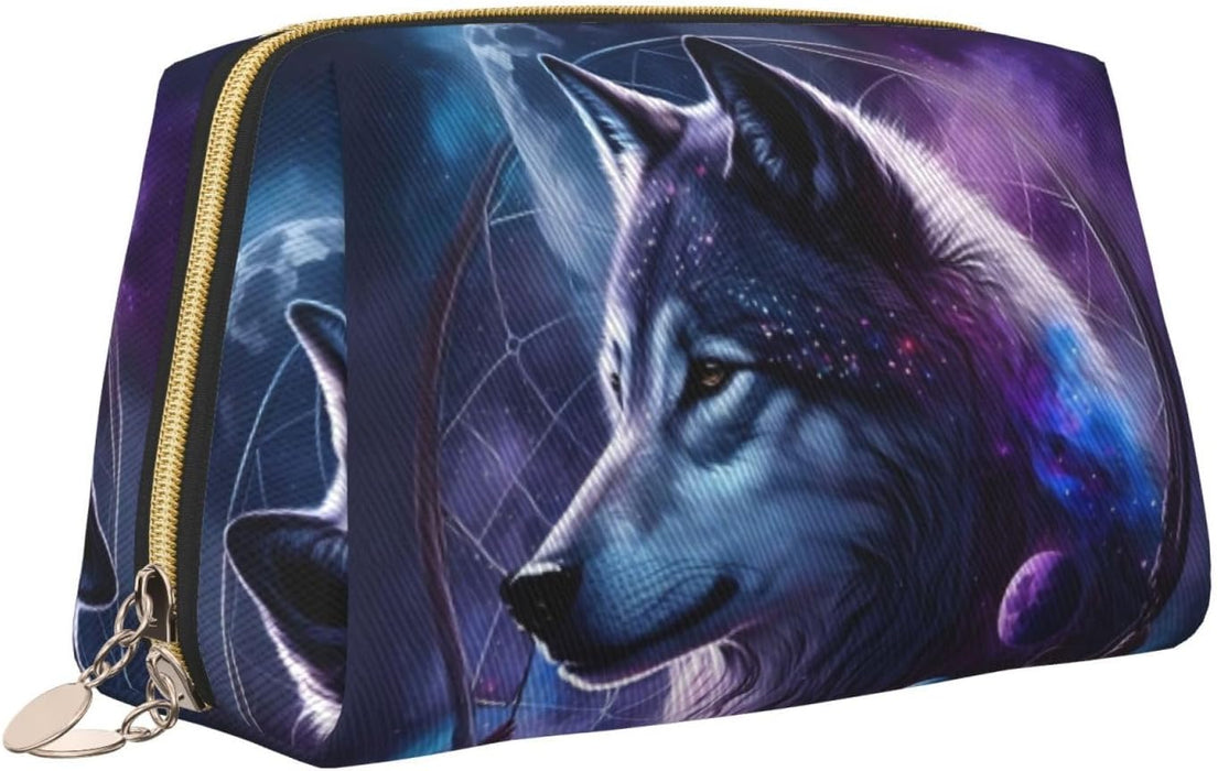 Large Travel Makeup Bag - Feathered Wolf Pvc Leather Cosmetic Bags for Women with Zipper, Portable Makeup Pouch Skincare Bag Toiletry Bag for Women