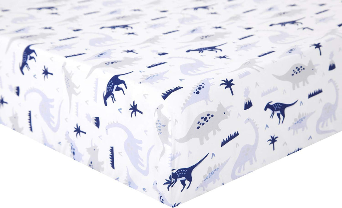 3 Piece Baby Crib Bedding Set, Dinosaur Standard Size Crib Set, Nursery Bedding for Boys, Crib Sheet, Comforter, Crib Skirt, 28" X 52", Blue/Grey