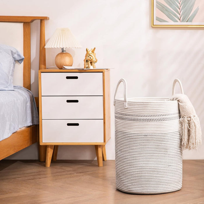 Woven Rope Laundry Hamper Basket, 58L Tall Luandry Basket, Baby Nursery Hamper for Blanket Storage, Clothes Hamper for Laundry in Bedroom-Large-Stripe White