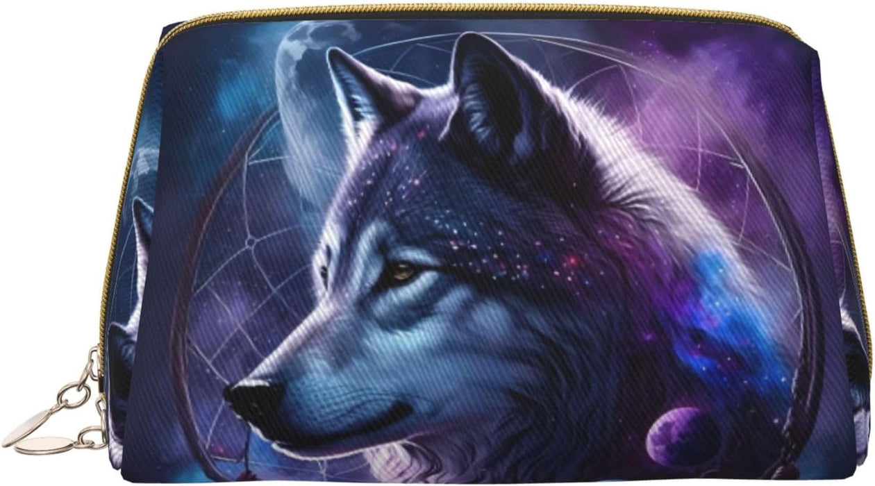 Large Travel Makeup Bag - Feathered Wolf Pvc Leather Cosmetic Bags for Women with Zipper, Portable Makeup Pouch Skincare Bag Toiletry Bag for Women