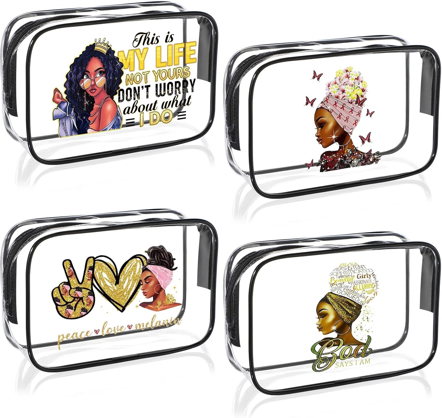 4 Pcs African American Makeup Bag Gifts for Black Women Clear Travel Toiletry Bag Zippered Funny Cosmetics Pouch Multi Purpose Organizer for Women Inspirational Gifts