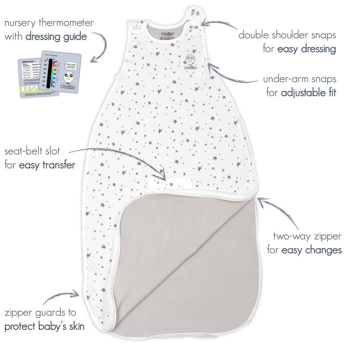 4 Season Ultimate Baby Sleeping Bag - Merino Wool and Organic Cotton - Universal Size Adjustable Sleep Sack for Baby - Two-Way Zipper Sleeping Bag (2-24 Months) - Night Sky