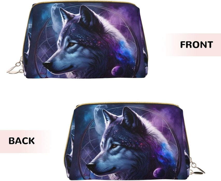 Large Travel Makeup Bag - Feathered Wolf Pvc Leather Cosmetic Bags for Women with Zipper, Portable Makeup Pouch Skincare Bag Toiletry Bag for Women