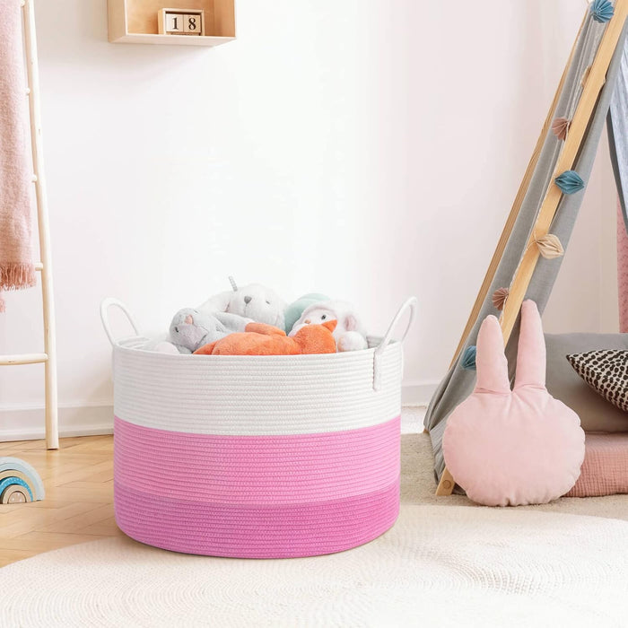 Xxxlarge Pink Woven Rope Basket | Wide 21" X 14" Blanket Storage Basket with Long Handles Decorative Clothes Hamper Basket | Extra Large Baskets for Blankets Stuffed Animal Storage Basket