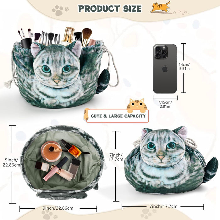 Cat Shaped Drawstring Makeup Bag for Women - Grey Tabby Cat Design Cosmetic Case
