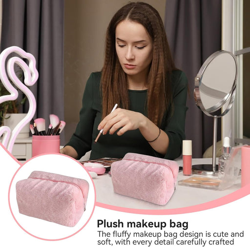 Fluffy Cosmetic Bag Plush Makeup Bag Cute Makeup Tool Storage Bag Makeup Pouch Portable Cosmetics Case for Girls Women(Pink )