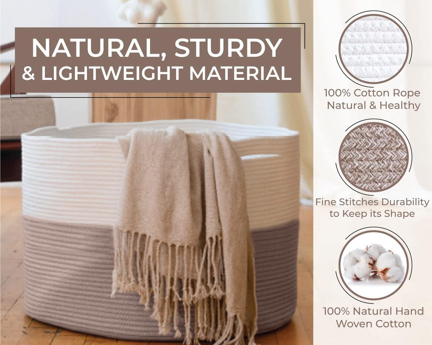 Throw Blanket Basket for Living Room | Xxxlarge Rope Basket for Storage | Large Woven Basket for Storage | Pillow Basket & Blanket Holder for Bedroom | Woven Laundry Hamper Basket - 22" X 14"