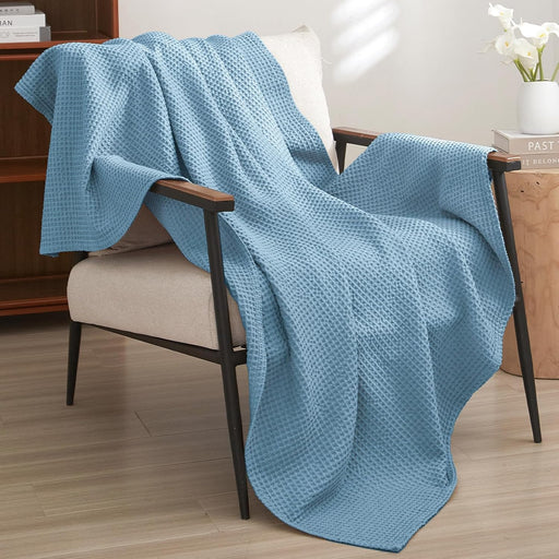 Pre-Washed Cotton Waffle Weave Blanket Throw Size for Couch Bed,Snag Proof for Spring Summer Lightweight Breathable,Oeko-Tex Certified,Machine Washable, Home Decor Gift，Dusty Blue