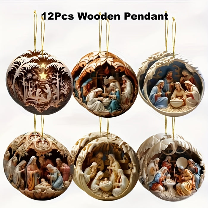 12pcs Handcrafted Wooden Nativity Scene Ornaments.