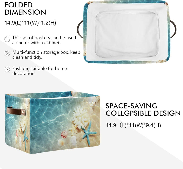 Storage Basket Tropical Sea Beach Starfish Seashell Storage Cube Box Durable Canvas Collapsible Toy Basket Organizer Bin with Handles for Shelf Closet Bedroom Home Office