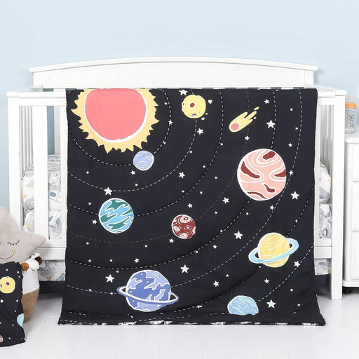4-Piece Space Theme Crib Bedding Set for Boys, Luxury Nursery Bedding Essential Including 1 Padded Comforter, 1 Crib Skirt and 2 Silky Soft Microfiber Crib Sheets, Standard Size, Black