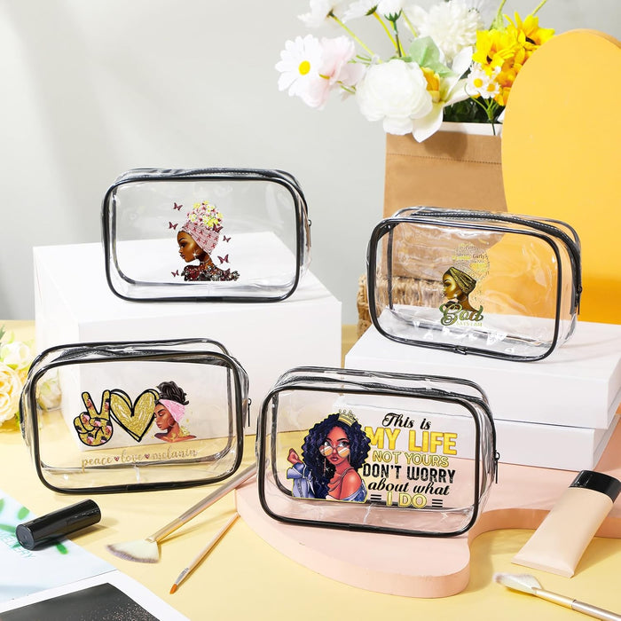 4 Pcs African American Makeup Bag Gifts for Black Women Clear Travel Toiletry Bag Zippered Funny Cosmetics Pouch Multi Purpose Organizer for Women Inspirational Gifts