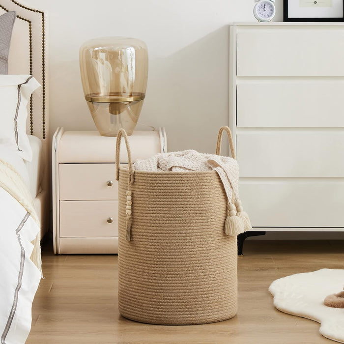 Jute Rope Laundry Hamper Basket, 58L Tall Woven Collapsible Baskets for Blanket Organizing Clothes Hamper for Laundry Bedroom Storage