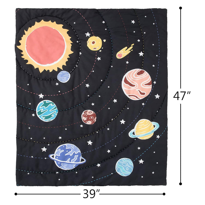4-Piece Space Theme Crib Bedding Set for Boys, Luxury Nursery Bedding Essential Including 1 Padded Comforter, 1 Crib Skirt and 2 Silky Soft Microfiber Crib Sheets, Standard Size, Black