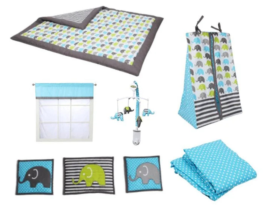 Baccate Classic Striped Elephants Animal Percale 10 Pieces, with Comforter Sheet Crib Skirt