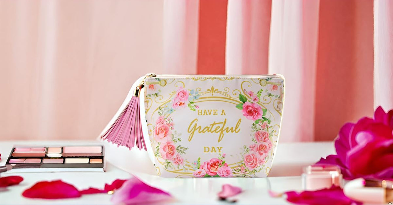 Makeup Pouch for Women Girls Canvas Travel Cosmetic Pouch Inspirational Floral Makeup Bags with Zipper and Tassels(White Flowers)