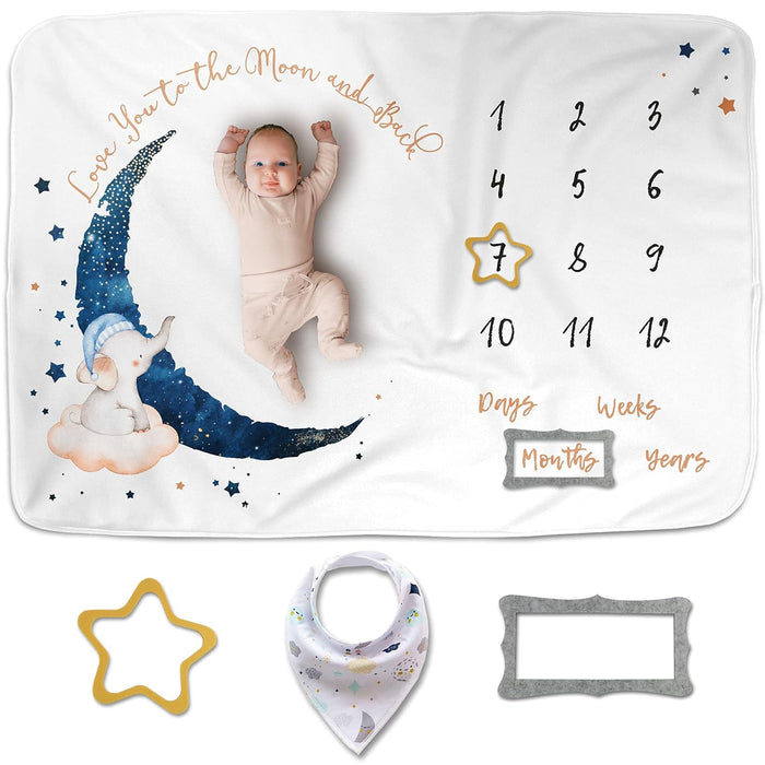 Luka & Lily Baby Milestone Blanket - Ultra Soft Fleece Monthly Milestone Blanket for Baby Girl and Boy - Perfect for Baby'S First Year Growth Chart - Monthly Baby Milestone - Elephant Moon - 60"X40"