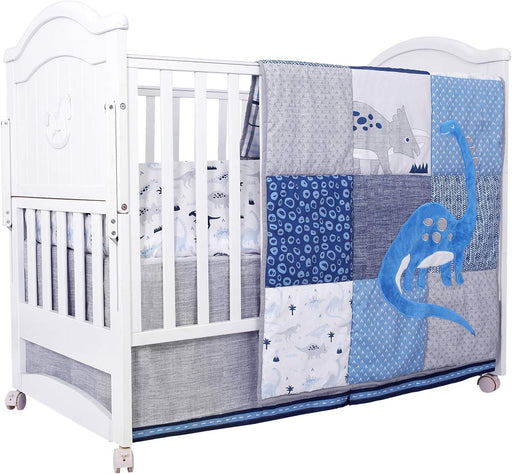 3 Piece Baby Crib Bedding Set, Dinosaur Standard Size Crib Set, Nursery Bedding for Boys, Crib Sheet, Comforter, Crib Skirt, 28" X 52", Blue/Grey