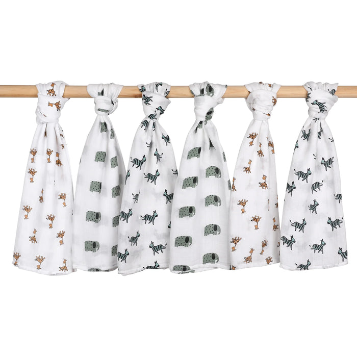 Muslin Swaddle Blankets 6-Pack, Soft Receiving Swaddles, Breathable Unisex for Newborns Infant Boys and Girls, 27 X 27", Elephant and Giraffe