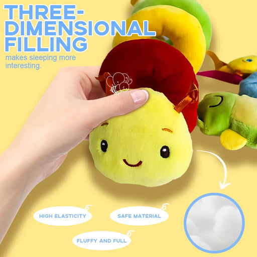 Colorful plush toy with a hand holding it, on a yellow background with text about its features.