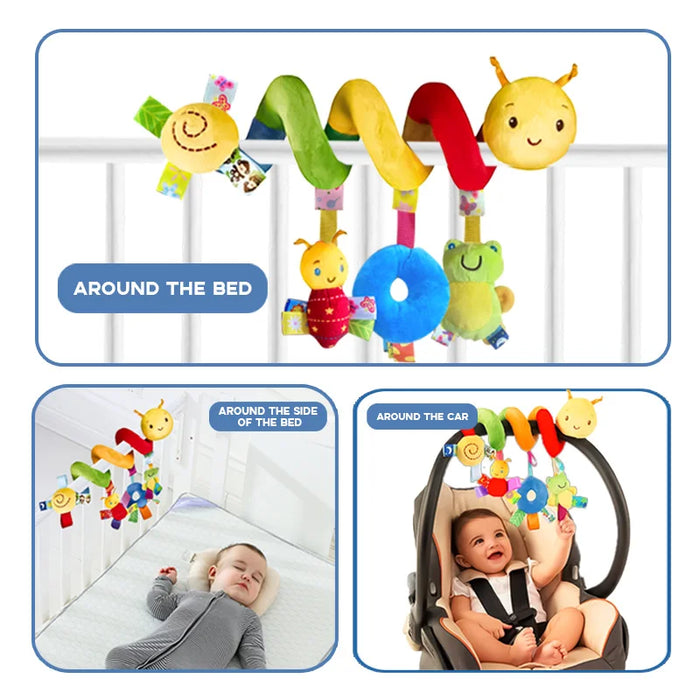 Colorful baby crib mobile with various hanging toys and text indicating its use around the bed, side of the bed, and car.