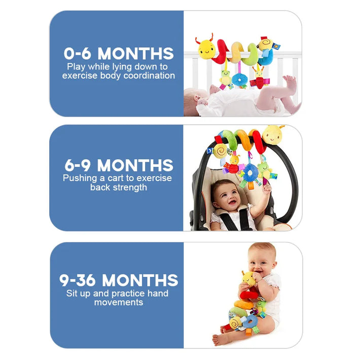 Baby activity toy with usage stages for different age groups on a white background