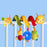Colorful baby toy with various hanging elements on a crib rail against a blue background