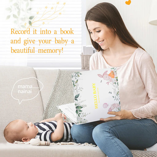 Woman reading a book to a baby on a couch with text overlay.