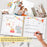 Baby growth record book with photos and a hand writing, surrounded by family photos.