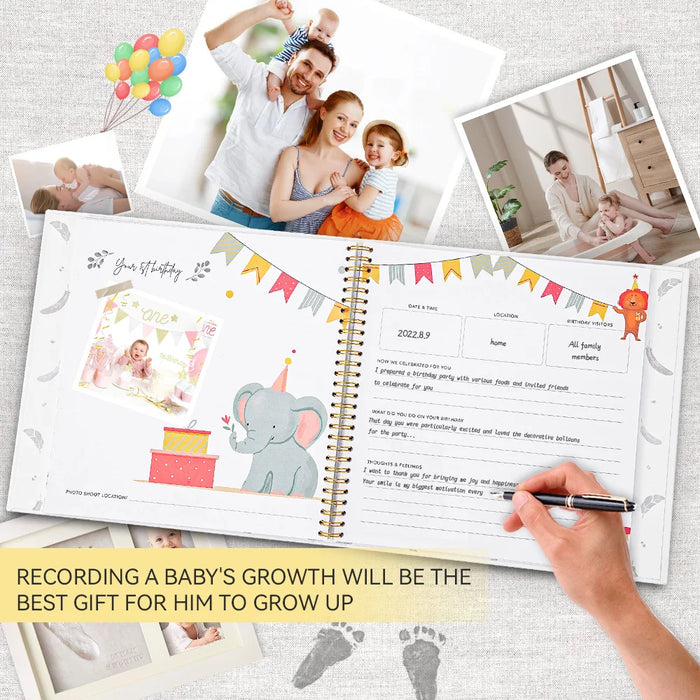 Baby growth record book with photos and a hand writing, surrounded by family photos.
