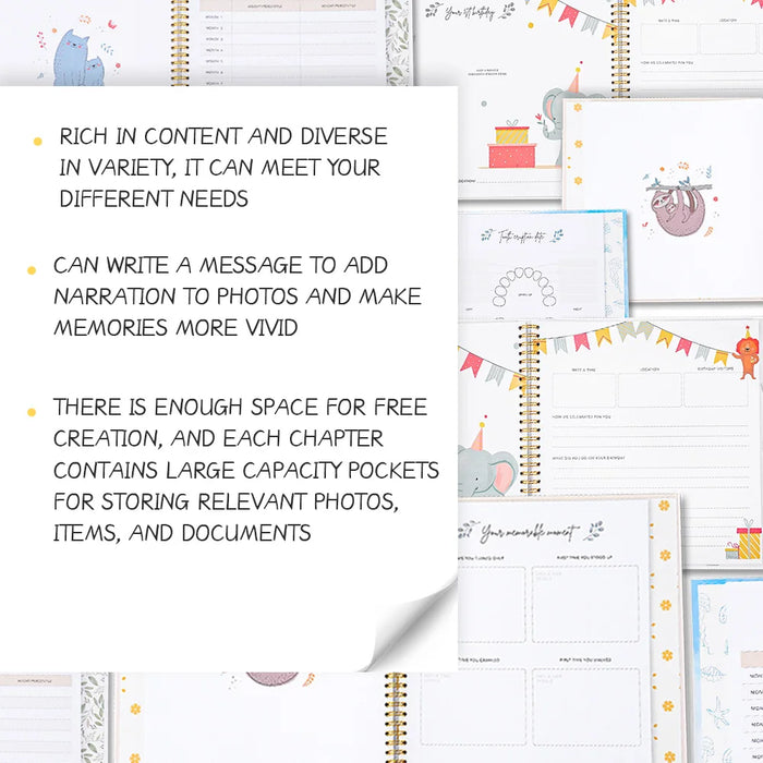 Planner with various pages and text describing its features