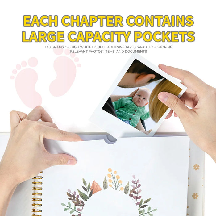 Product with large capacity pockets for storing photos and documents, featuring a hand holding a photo of a baby.