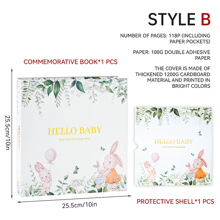 Commemorative book with protective shell featuring 'Hello Baby' text and illustrations on a white background.