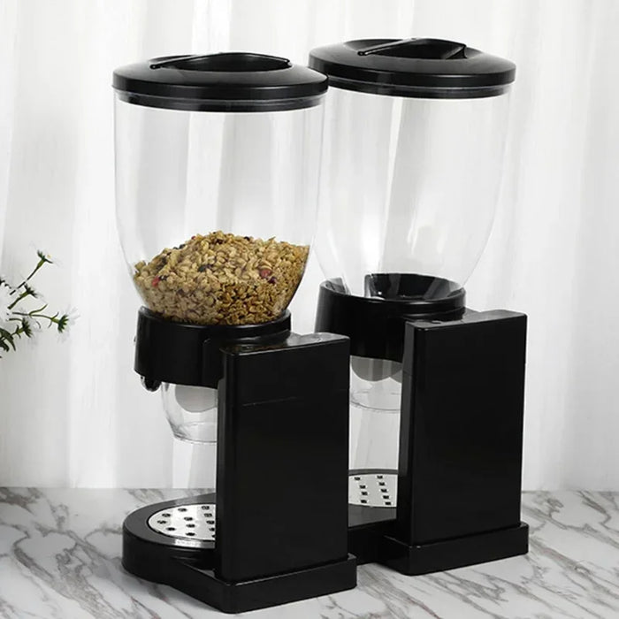 Dry food storage bottle with dual control mechanism