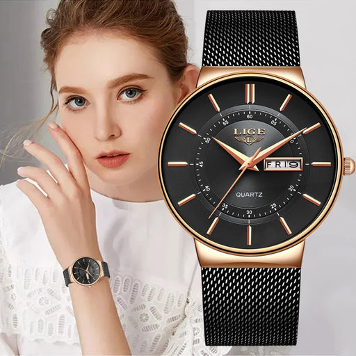 Ultra-thin Calendar Week Quartz Watch Ladies Mesh Stainless Steel Waterproof