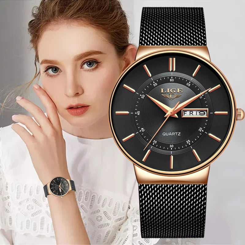 Ultra-thin Calendar Week Quartz Watch Ladies Mesh Stainless Steel Waterproof