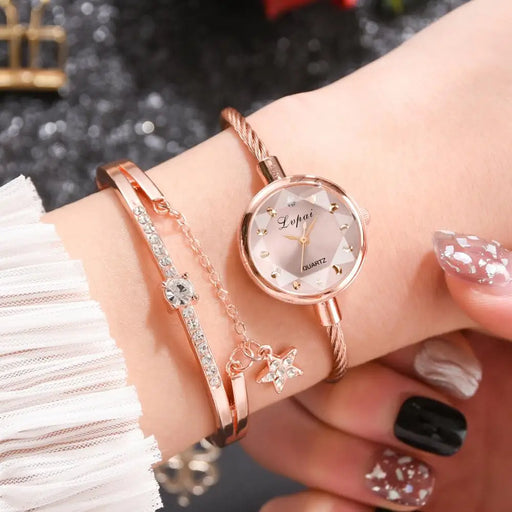 Small Rose Gold Bangle Bracelet Geometric Glass Surface Women Watch