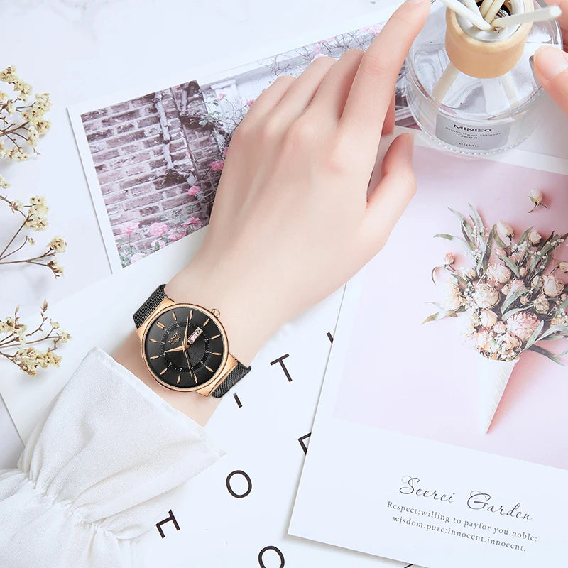Ultra-thin Calendar Week Quartz Watch Ladies Mesh Stainless Steel Waterproof
