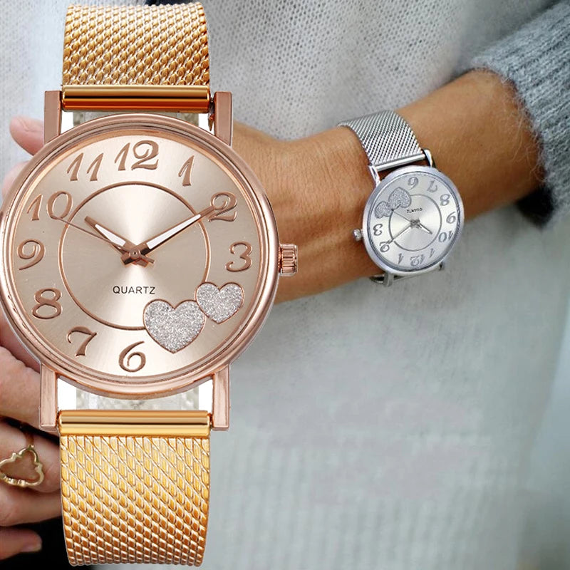 Top Fashion Women Watches Ladies Watch Silver Heart Dial Silicone Mesh Belt Wrist Watch Reloj Mujer Montre Femme Women's Watch