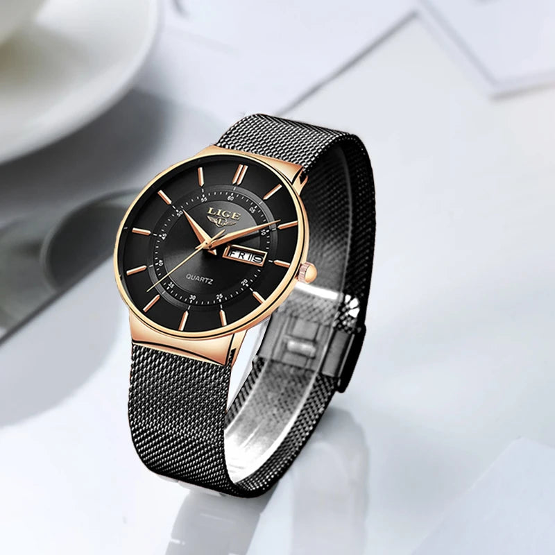 Ultra-thin Calendar Week Quartz Watch Ladies Mesh Stainless Steel Waterproof