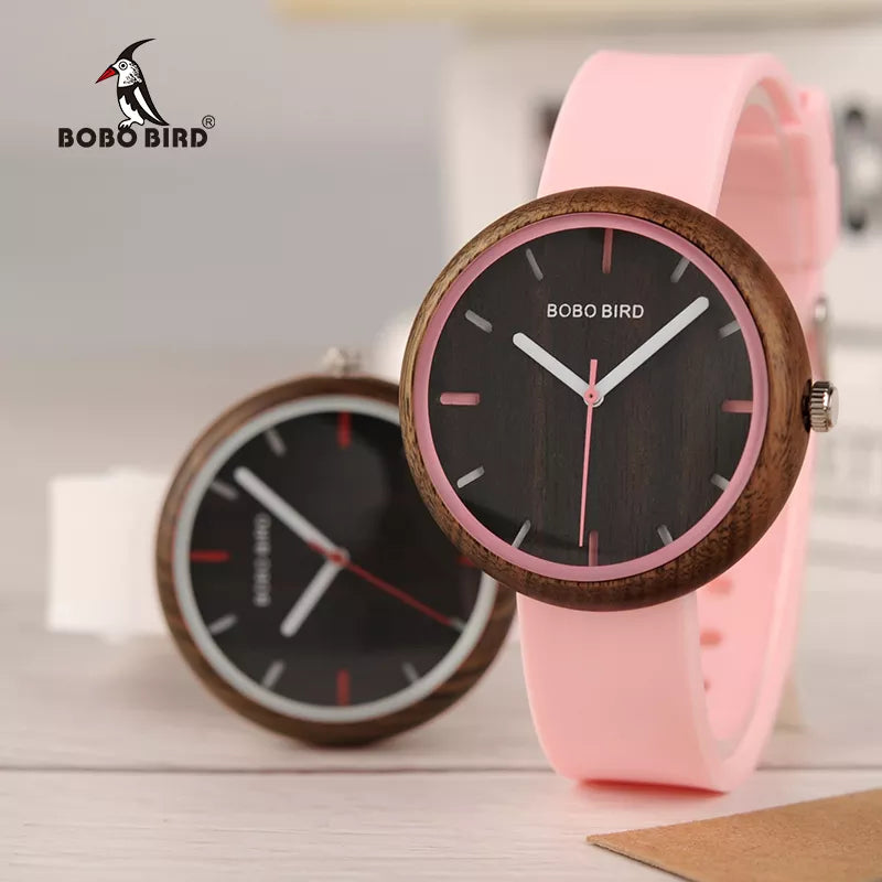 relogio feminino BOBO BIRD Wood Women Watches Silicone Band Quartz  in Wooden Gift Box